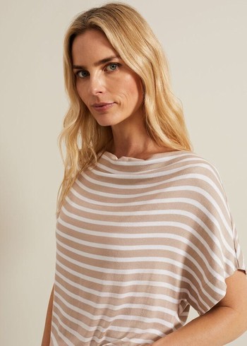 Phase Eight Carina Stripe Cowl Neck T Shirts Beige/White Canada | WKUZRL-301